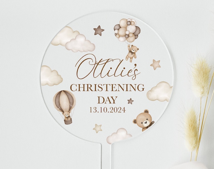 Teddy Bear Neutral Christening Cake Topper | Personalised Acrylic ...