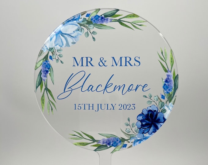 Blue Floral Wedding Cake Topper | Acrylic Mr and Mrs Cake Topper - Etsy