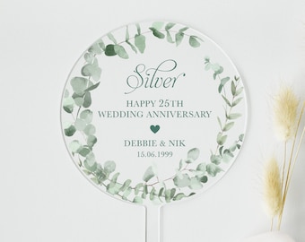 Eucalyptus Wedding Anniversary Acrylic Cake Topper | Personalised Anniversary Cake Topper