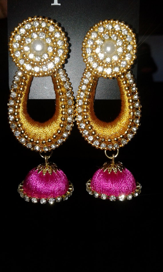 Silk thread jhumkas with handmade stud – SilkThreadMaterials.com