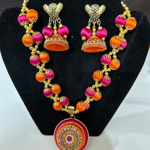 Silk thread Designer Jewelry Set with Jhumkas / Wedding Jewelry/Indian Handmade Jewelry with Necklace, Earrings/ Mehndi Jewelry
