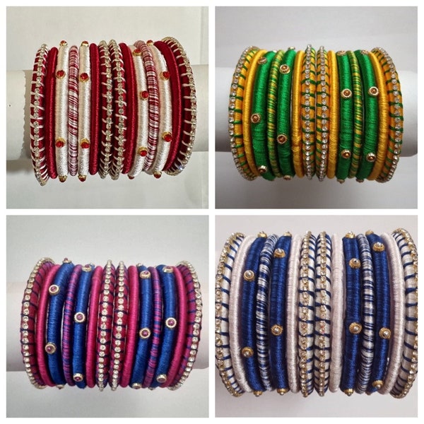 Silk thread bangles/Designer Bangles/Handmade Bracelets/Stone Bangles/Indian Bangle Set/Handmade Festive Jewelry/Ethnic Bracelets
