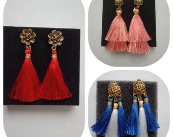 Silk thread tassel earrings/Dangle earrings/Antique earrings/Long Tassel Earrings/Double tier Tassels/Tassels/Double color Tassels/Hangings