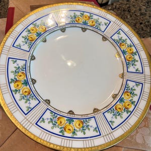 Set of 12 Antique Mintons England Bone China Dinner Plates — Yellow Rose & Gold Gilt Border, Est. 1793, “The Bailey  Banks and Biddle”