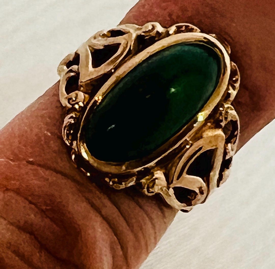 Vintage 14 K Gold Celtic Style Ring With Green Cabochon Stone, Openwork ...