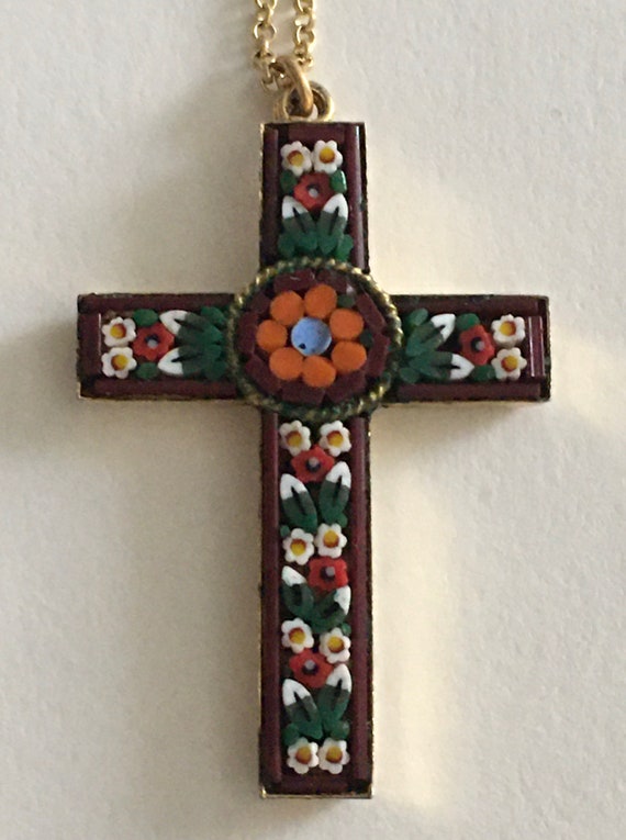 Italy Yellow Gold Black Micro Mosaic Cross Pendant Ne… Gem