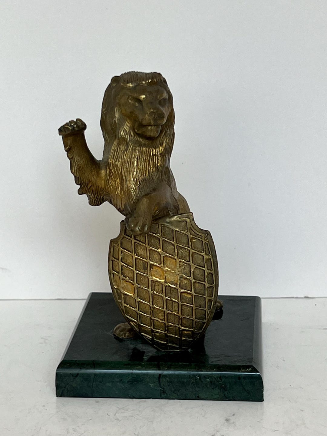 Vintage Brass Heraldic Lion Sculpture on Green Marble Base | Regency ...