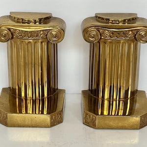 Vintage Brass Ionic Column Bookends – Neoclassical Greek Key Style – Hollywood Regency Architectural Book Ends – Philadelphia Metalware