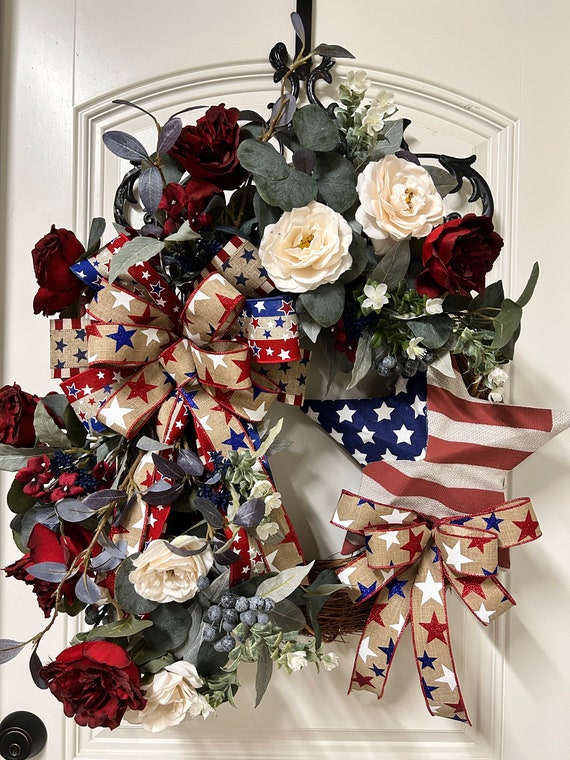 USA Patriotic Grapevine Wreath for Front Door with Roses, Silk Flowers, Burlap Star and Bow for Fourth of July or Memorial Day