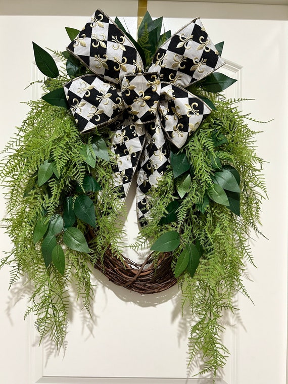 Louisiana Grapevine Wreath, Fern Door Hanger, Farmhouse Decor, NOLA Door Wreath, Mother's Day Gift, Housewarming Gift, Black/Cream/Gold