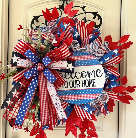 Red White Blue Wreath, 4th of July Wreath, Independence Day Decor, Memorial Day, Patriotic Wreath, Flag Wreath, Summer Front Door Wreath