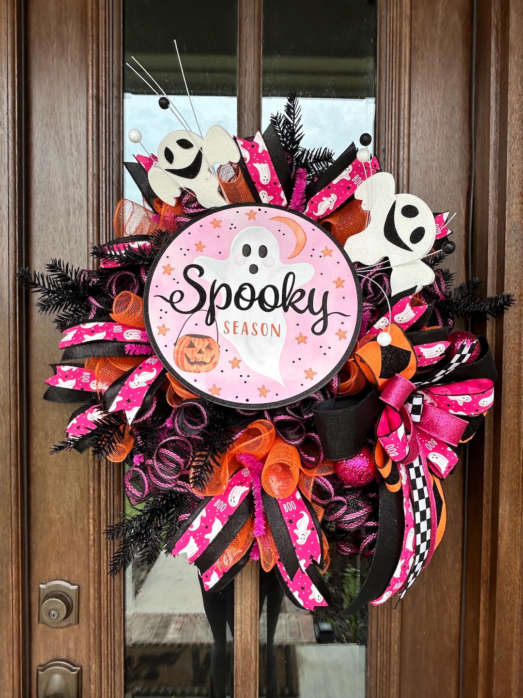 Pink and Orange Halloween Door Wreath, Spooky Ghost Mesh Wreath ...