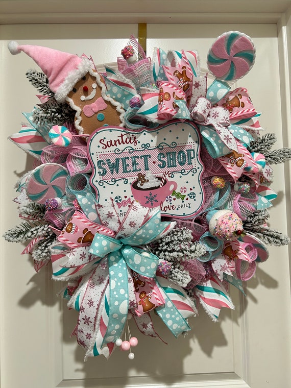 Large Whimsical Deco Mesh Christmas Wreath for Front Door, Sweet Shop Holiday Wreath for Porch in Pinks, Mints and Whites