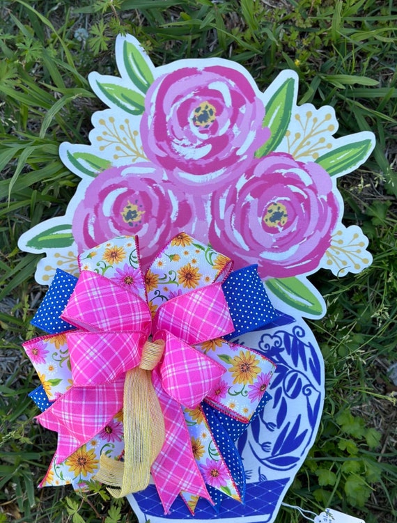 Pink Florals in Blue Vase, Wood Door Hanger, Mother's Day Gift, Front Door Decor