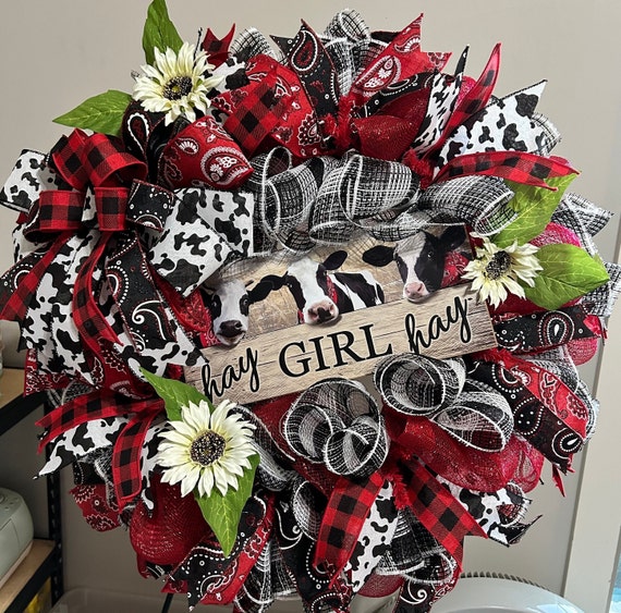 Hay Girl Hay Front Door Wreath, Black White Red Deco Mesh Wreath, Western Door Decor, Cow Theme Door Hanger