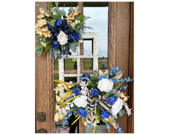 Windowpane Front Door Decor, Ribbons and Spring Florals Welcome Door Hanger, Primitive Design for Home