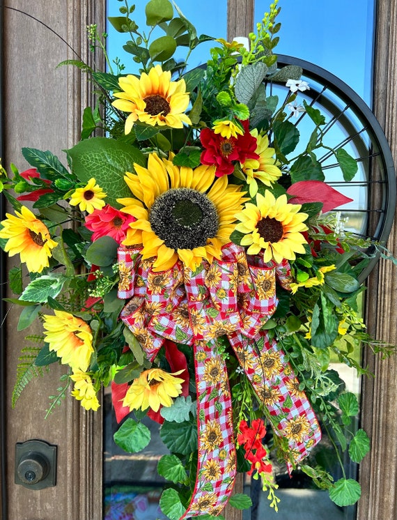 Sunflowers and Poppies Front Door Wreath, Red Floral Deco Bike Wheel Wreath, Front Door Decor, Spring/ Summer Door Hanger, Mother's Day Gift