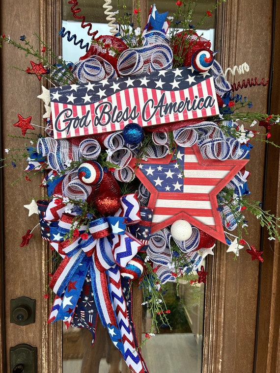 USA Patriotic Mesh Wreath for Front Door with Signs, Silk Flowers, and Bow for Fourth of July or Memorial Day