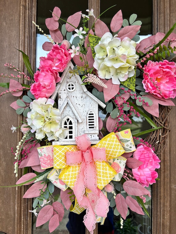 White Church Grapevine Wreath, Pink Peonies Door Wreath, Farmhouse Church Decor, Rustic Door Wreath, Mother's Day Gift, Housewarming Gift