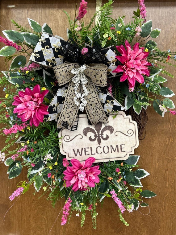 New Orleans Welcome Grapevine Wreath, Front Door Fleur de Lis, Hot Pink Spring Florals Door Decor, Mother's Day Gift, Housewarming Gift