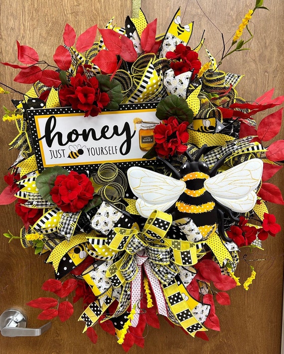 Bees and Honey Front Door Wreath, Red Floral Deco Mesh Wreath, Round Front Door Decor, Spring or Summer Door Hanger, Mother's Day Gift