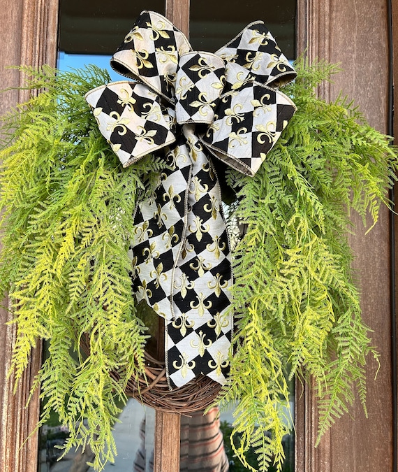 Louisiana Grapevine Wreath, Fern Door Hanger, Farmhouse Decor, NOLA Door Wreath, Mother's Day Gift, Housewarming Gift, Black/Cream/Gold