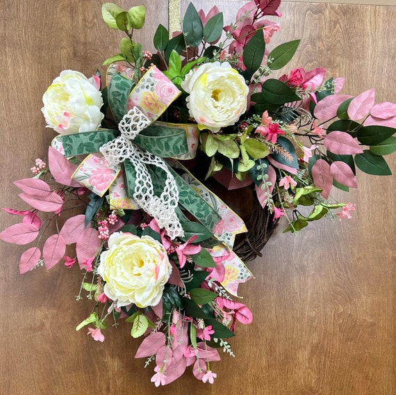 Spring/Summer Grapevine Wreath, Country Door Hanger, Farmhouse Decor, Rustic Door Wreath, Mother's Day Gift, Housewarming Gift, Pink/Cream