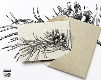 Minikarte aus Graspapier mit Kuvert, Motiv: Kiefernzweig