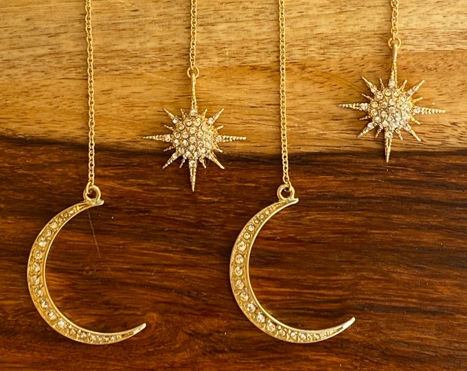 Sun and Moon Gold and Crystals Double Earrings