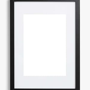 May include: A rectangular black picture frame with a white mat. The frame has a simple, modern design and is suitable for displaying photographs, artwork, or other visual content. The frame is made of wood.