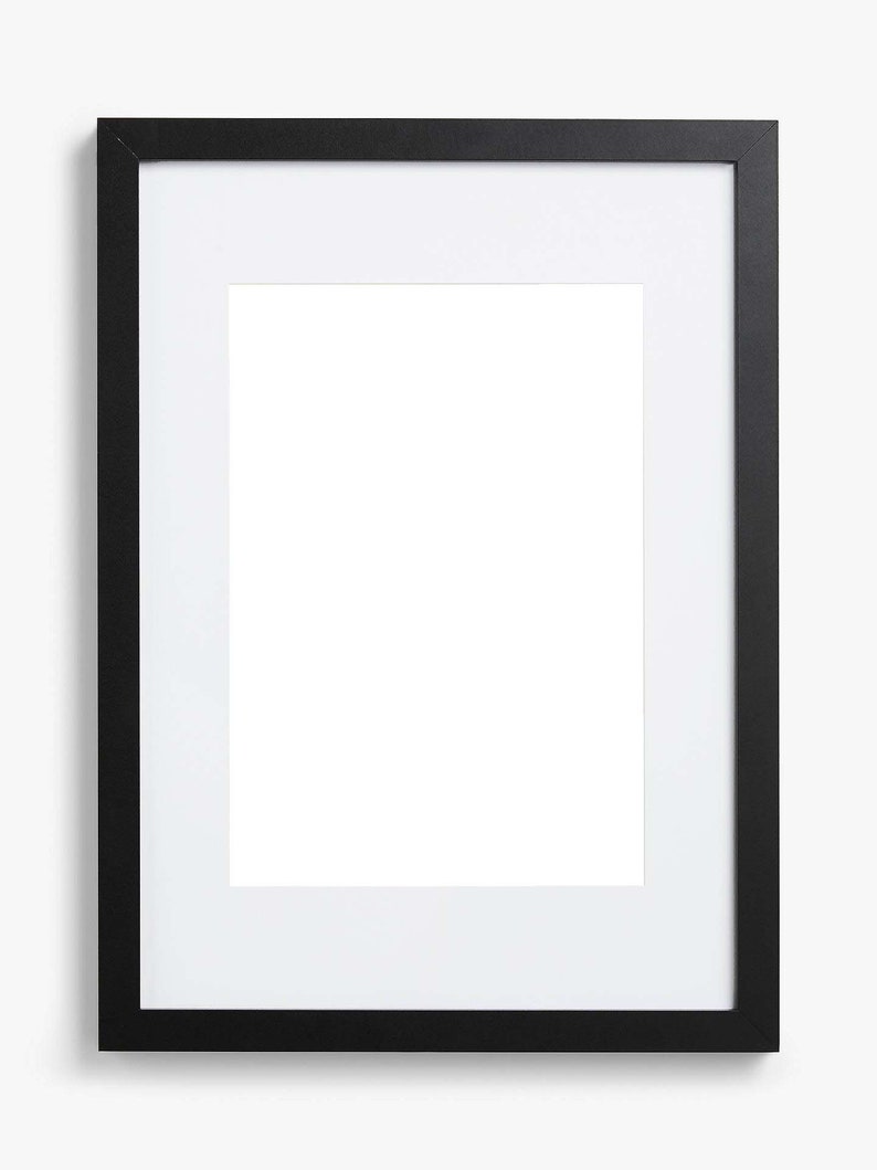 May include: A rectangular black picture frame with a white mat. The frame has a simple, modern design and is suitable for displaying photographs, artwork, or other visual content. The frame is made of wood.