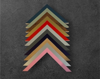 May include: A set of nine picture frames in various colors, including teal, gold, red, gray, navy, light wood, pink, and silver. The frames are arranged in a pyramid shape, with the largest frame at the top and the smallest frame at the bottom.