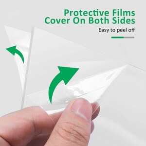 May include: Image shows a clear protective film being peeled off a surface. Green arrows indicate the direction of peeling. Text reads "Protective Films Cover On Both Sides" and "Easy to peel off".