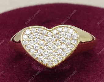 Pave Moissanite Diamond Signet Ring, Gold Filled Statement Ring, Heart Cluster Ring, Unique Gift For Daughter, Pinky Rings For Women
