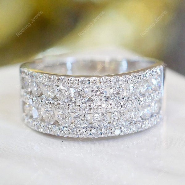 Moissanite Wide Half Eternity Band, Round Moissanite Anniversary Bands Women, 5 Row Wedding Band Silver, Wide Band Ring, Thick Stacking Band