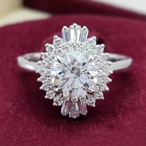 Moissanite Double Halo Engagement Ring, Gold Gatsby Double Halo Ring, Unique Silver Sunburst Halo Ring, Art Deco Vintage Rings For Women