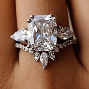 Two Piece Bridal Set Women, Elongated Cushion Cut Engagement Ring Band, 3 Stone Moissanite Wedding Ring Set, Silver Matching Curved Band