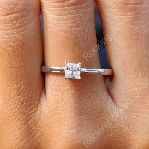 Princess Cut Moissanite Engagement Ring, Small Moissanite Ring, Tiny Solitaire Ring For Women, 925 Silver / Solid Gold Promise Ring For Her