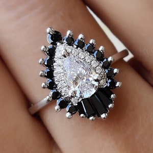 Ballerina Ring, Black Moissanite Gatsby Engagement Rings For Women, Starburst Art Deco Vintage Ring, Teardrop Ring, Pear Shaped Promise Ring
