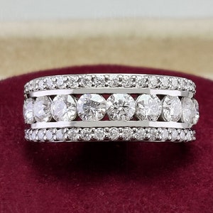 Wide Womens Wedding Band, Moissanite Half Eternity Band, Three Row Gold Band, Channel Set Round Stone Band, Triple Row Anniversary Rings