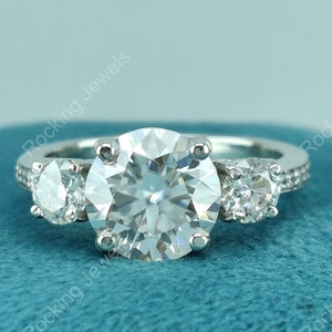 3 Stone Moissanite Diamond Ring, Triple Stone Engagement Ring, Round Stone Wedding Ring, 925 Sterling Silver Ring, Promise Rings For Women