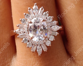 Starburst Moissanite Engagement Ring, Gold Plated Art Deco Halo, Baguette Cut