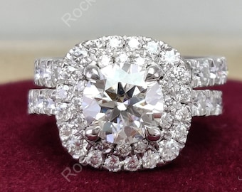 Anillo de compromiso con doble halo de moissanita, anillo nupcial de plata de ley.