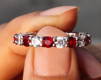 Ruby And Diamond Wedding Band, CZ Ruby Eternity Band, Stackable Rings For Women, Anniversary Rings, July Birthstone Ring, Gift For Mother