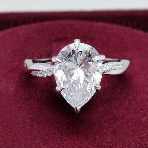 3 Ct Moissanite Pear Ring, Pear Shaped Solitaire Engagement Ring, Crossover Twist Shank Ring, Teardrop Ring, Hidden Halo Ring, Promise Ring