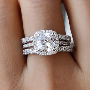 Cushion Cut Moissanite Trio Wedding Ring Set, 3 Piece Bridal Ring Sets, Halo Engagement Ring Set, Promise Rings For Women, 2 Matching Band