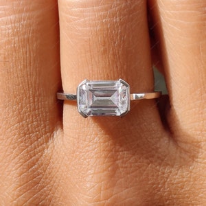 East West Emerald Cut Ring, East West Moissanite Engagement Ring, Horizontal Emerald Ring, 925 Silver / Gold Promise Rings For Women