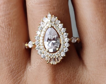 Vintage Ballerina Ring, Art Deco Engagement Ring, Starburst Halo Ring, Gatsby Ring, Estate Rings For Women, Pear Shaped Silver Ring