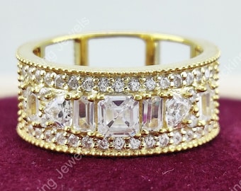 Art Deco Moissanite Eternity Band, 925 Sterling Silver Wide Wedding Ring
