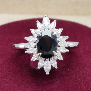 Black CZ Diamond Engagement Ring, Black Onyx Oval Ring, Sunburst Vintage Gatsby Ring, Art Deco Silver/Gold Ring, Unique Wedding Rings Women